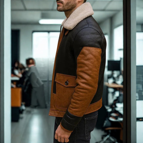 Men's Black & Tan Old Money Aviator Jacket - Shearling Collar Leather Bomber