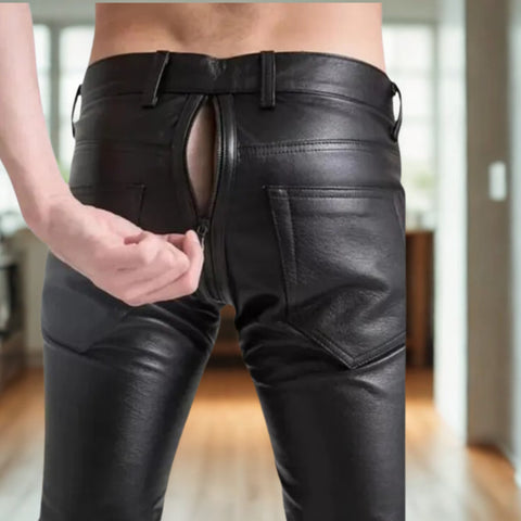 Treven Leather Men's Black Genuine Leather Pants | Slim Fit Biker Pants with Back Zipper