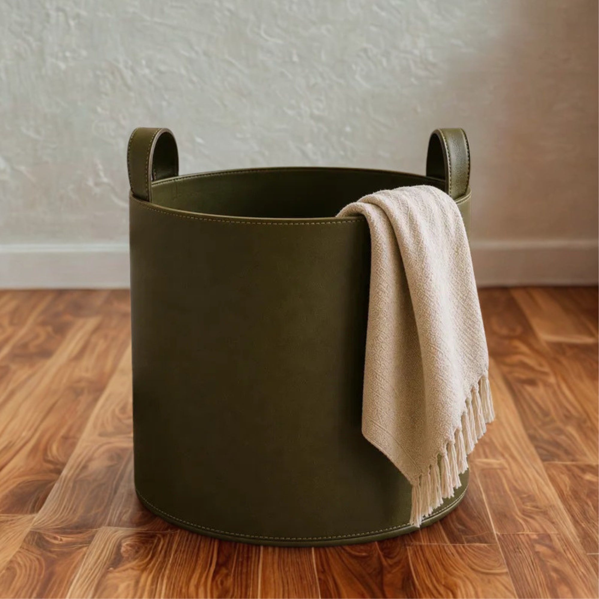 Genuine Leather Storage Basket with Handles – Blanket Basket, Laundry & Home Organizer