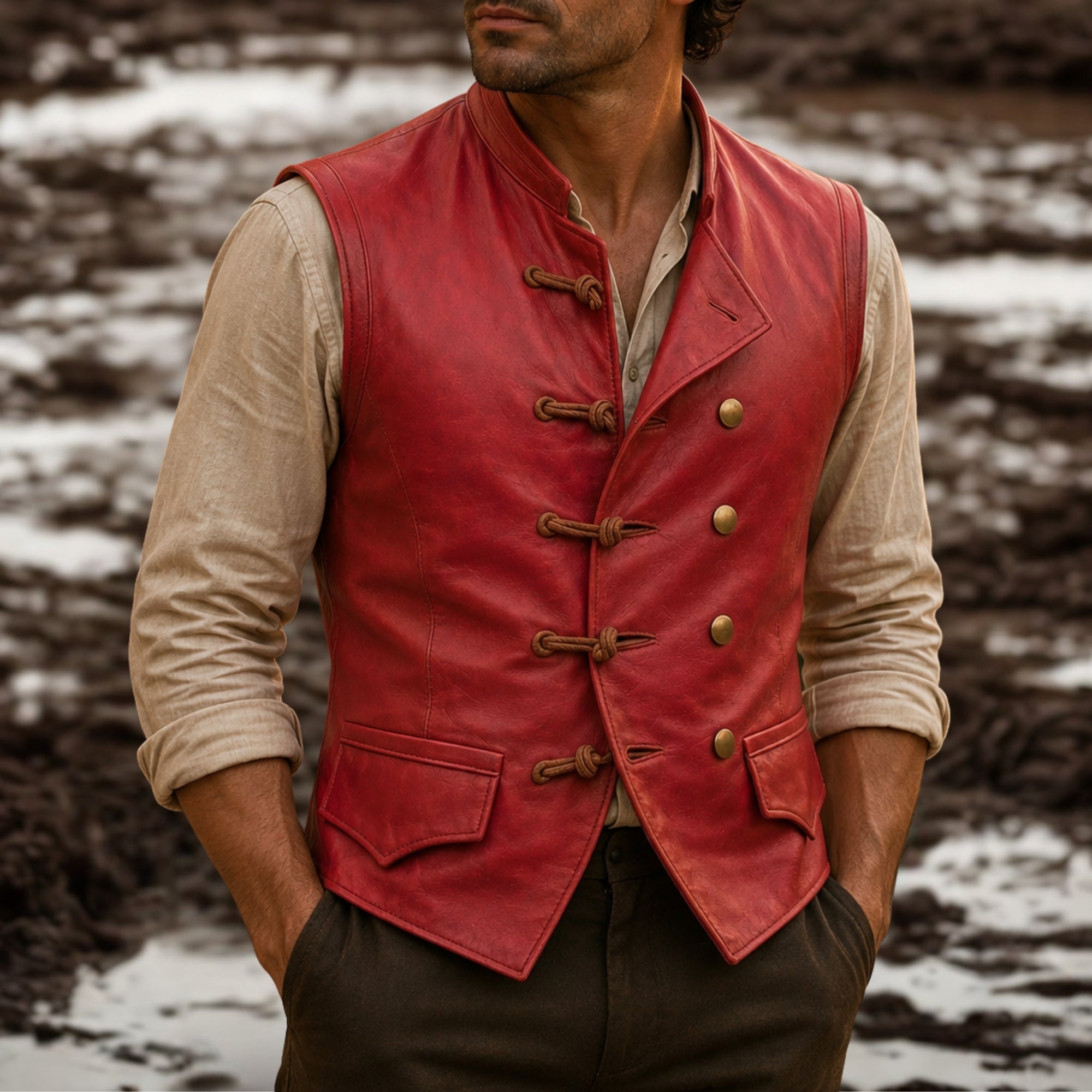 Men's Vintage Brown Leather Vest | Pirate Toggle Waistcoat | Treven Leather