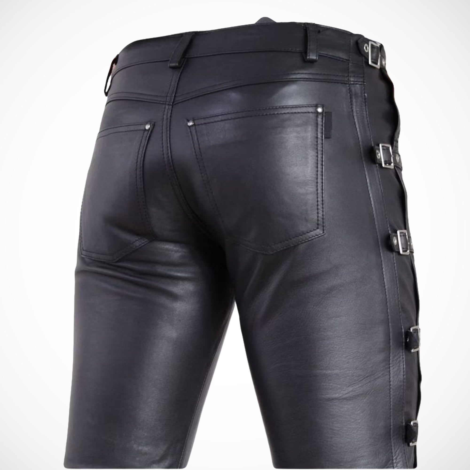 Men's Black Buckle Leather Pants - Gothic Biker Leather Trousers