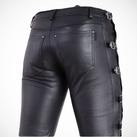 Men's Black Buckle Leather Pants - Gothic Biker Leather Trousers