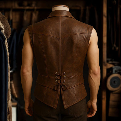 Men's Brown Leather Vest Lace-Up - Vintage Pirate Steampunk Waistcoat