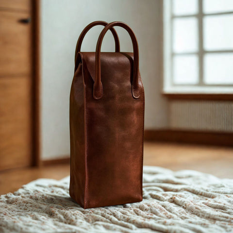 Leather Wine Bag - Handmade Wine Bottle Tote | Wine Gift Carrier