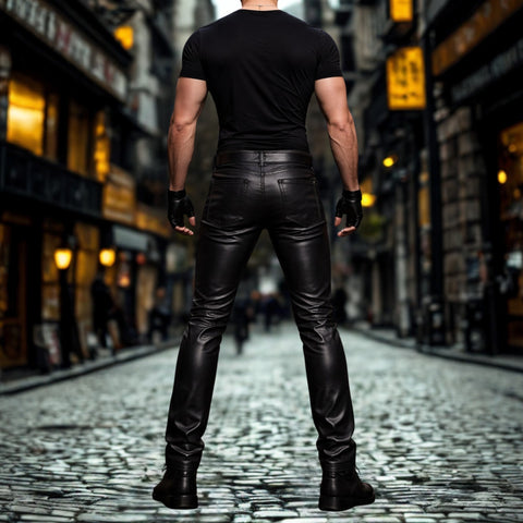 Men's Black Leather Pants with Thigh Buckles - Slim Fit Gothic Biker Pants