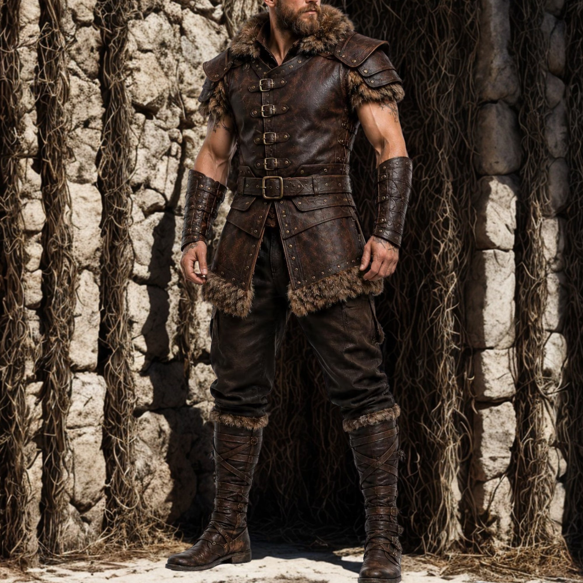 Men's Brown Viking Leather Vest - Barbarian Warrior Armor Waistcoat with Fur