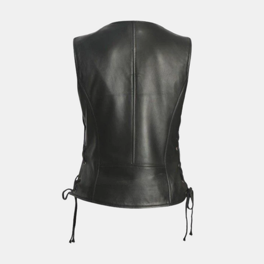 Womens Motorcycle Black Leather Zipper Vest