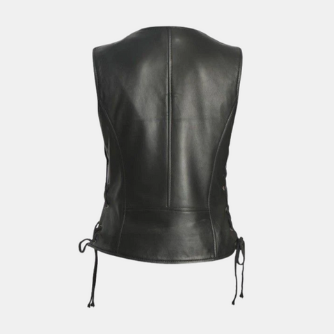 Womens Motorcycle Black Leather Zipper Vest