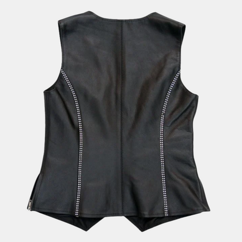 Rhinestone Black Leather Vest