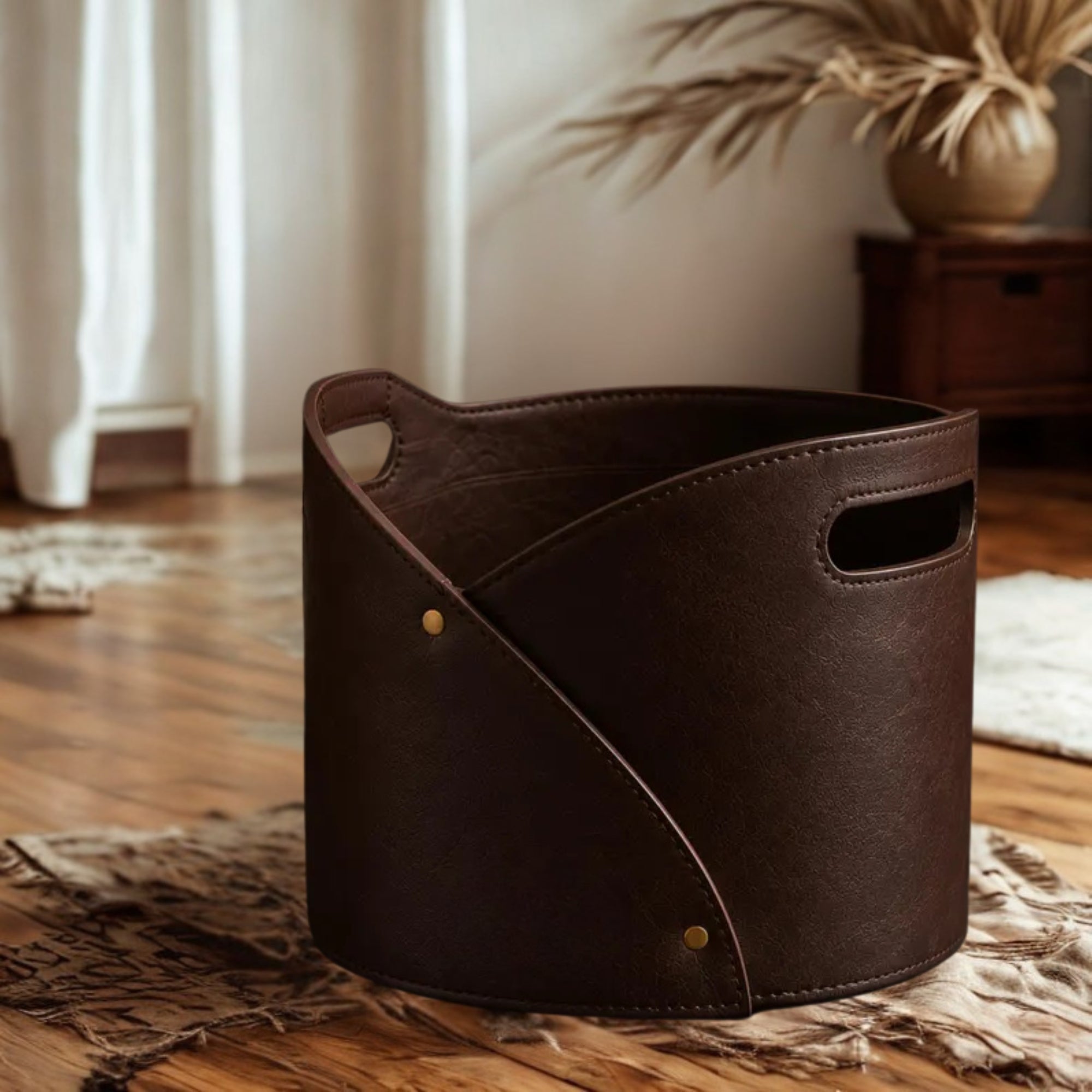 Genuine Leather Blanket Storage Basket – Large Leather Organizer, Rustic Home Decor, Throw Blanket & Pillow Basket