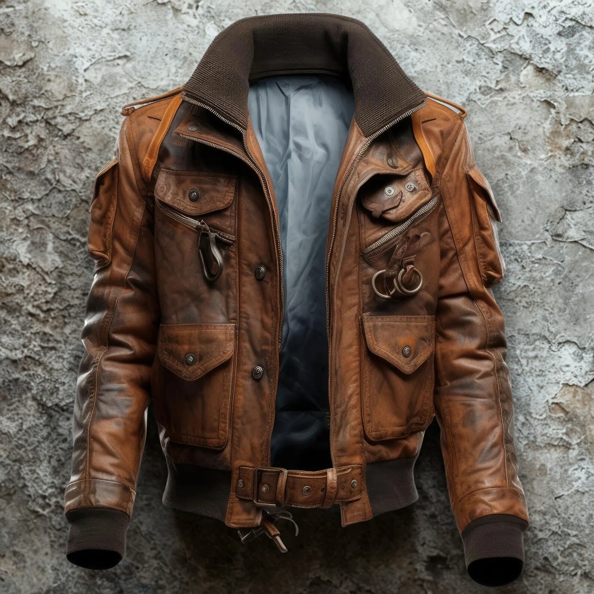 Men's Brown Vintage Distressed Leather Bomber Jacket - Aviator Flight Utility Jacket