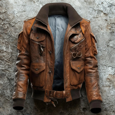 Men's Brown Vintage Distressed Leather Bomber Jacket - Aviator Flight Utility Jacket