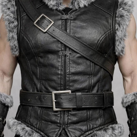 Men’s Black Genuine Leather Fur-Trimmed Warrior Vest