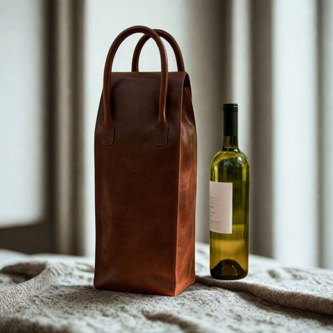 Leather Wine Bag - Handmade Wine Bottle Tote | Wine Gift Carrier