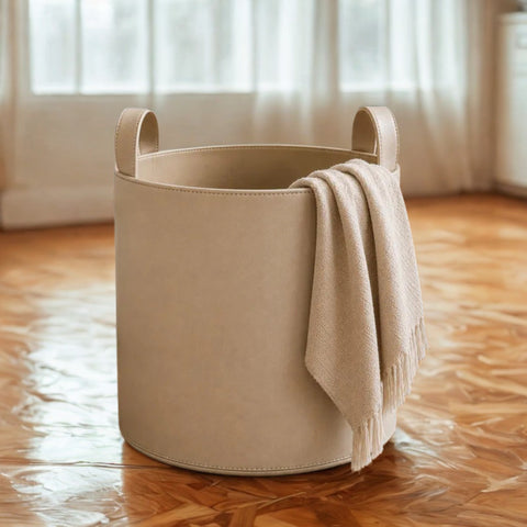 Genuine Leather Storage Basket with Handles – Blanket Basket, Laundry & Home Organizer