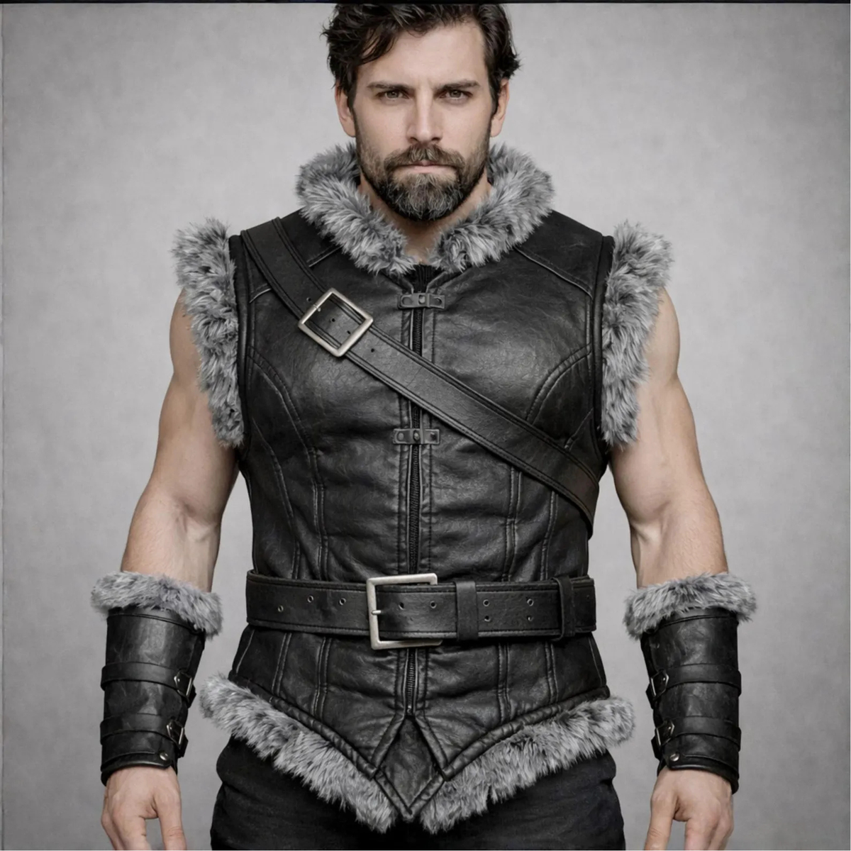 Men’s Black Genuine Leather Fur-Trimmed Warrior Vest