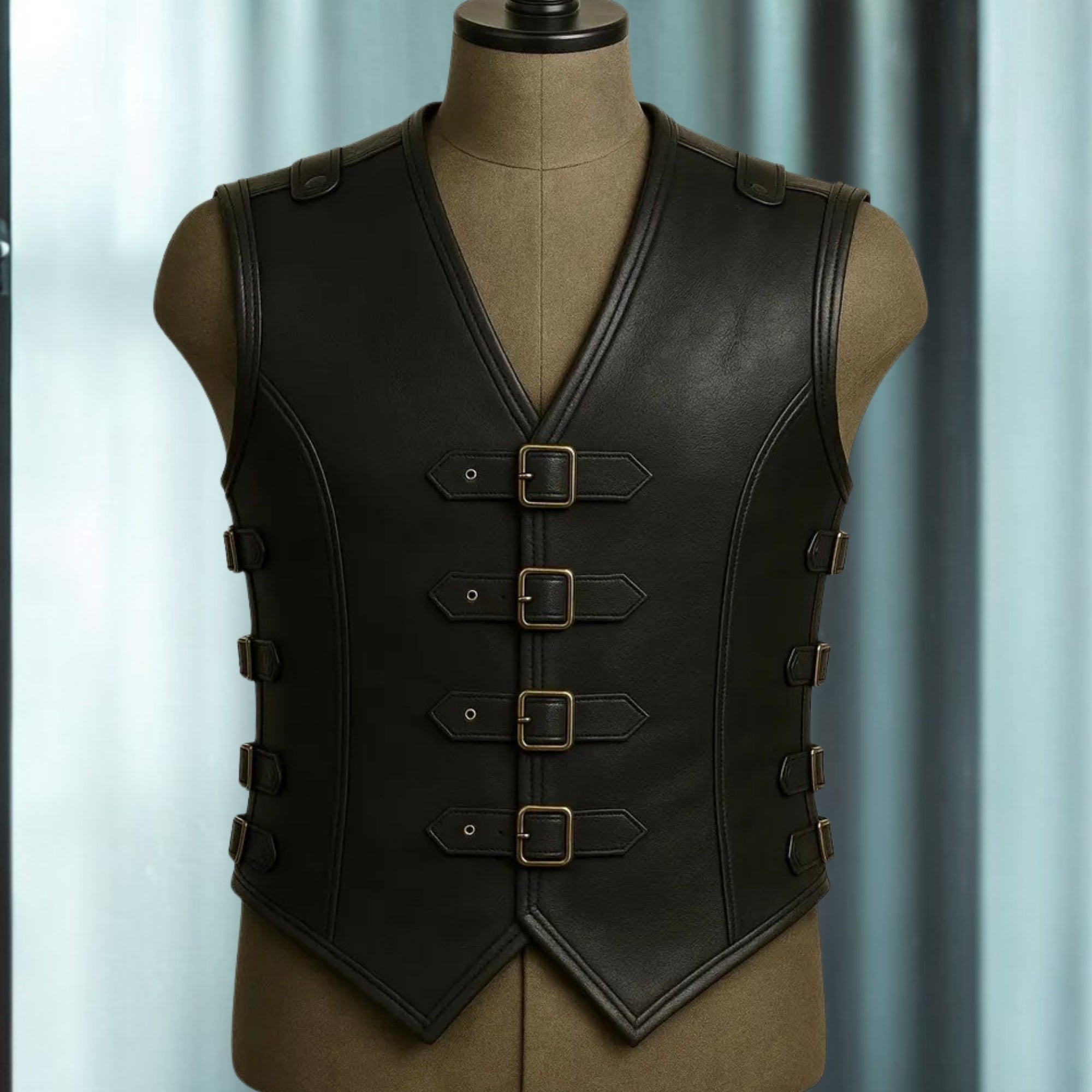 Men's Brown Leather Buckle Vest | Vintage Western Waistcoat | Treven