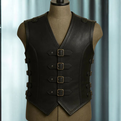 Men's Brown Leather Buckle Vest | Vintage Western Waistcoat | Treven