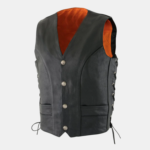 Men's Black Motorcycle Rider Vest - Buffalo Nickel Closure