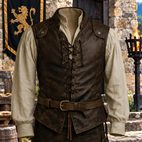 Men’s Vintage Brown Leather Medieval Lace-Up Vest