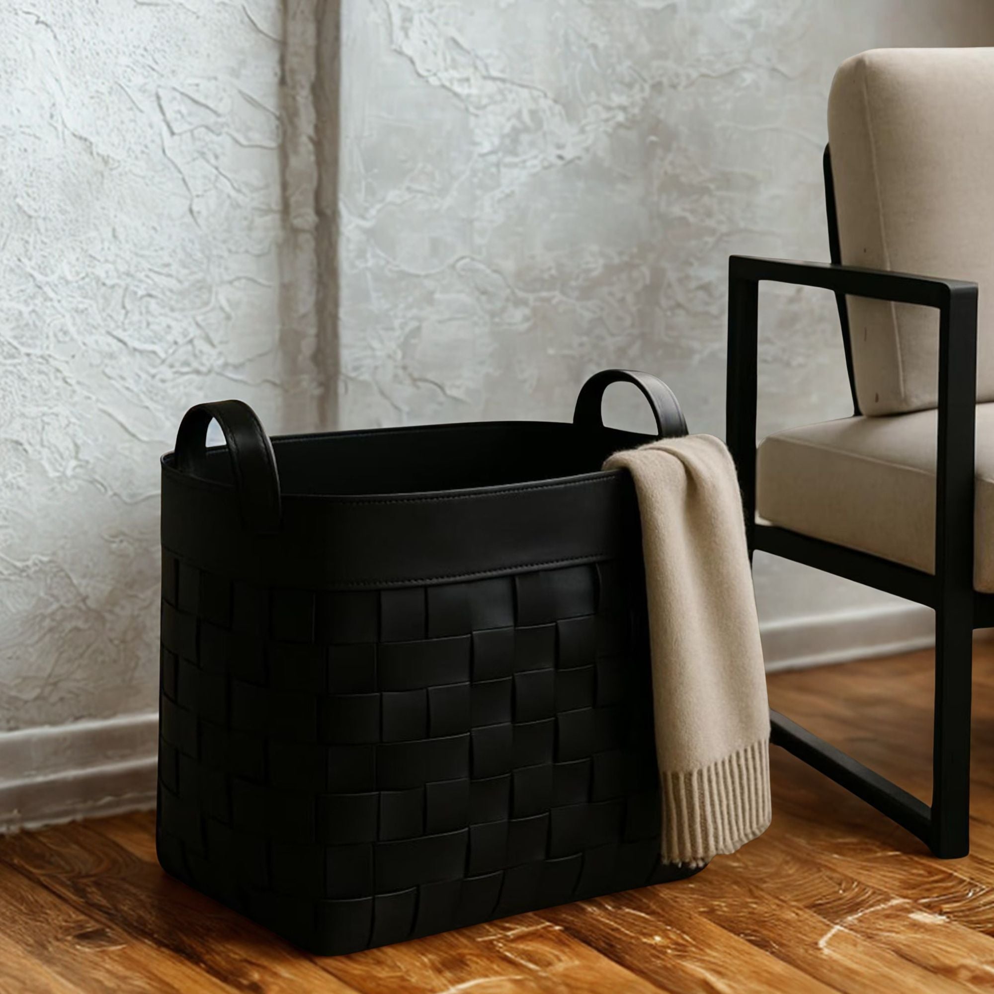 Woven Leather Storage Basket with Handles – Large Blanket Basket, Home Organizer & Rustic Decor