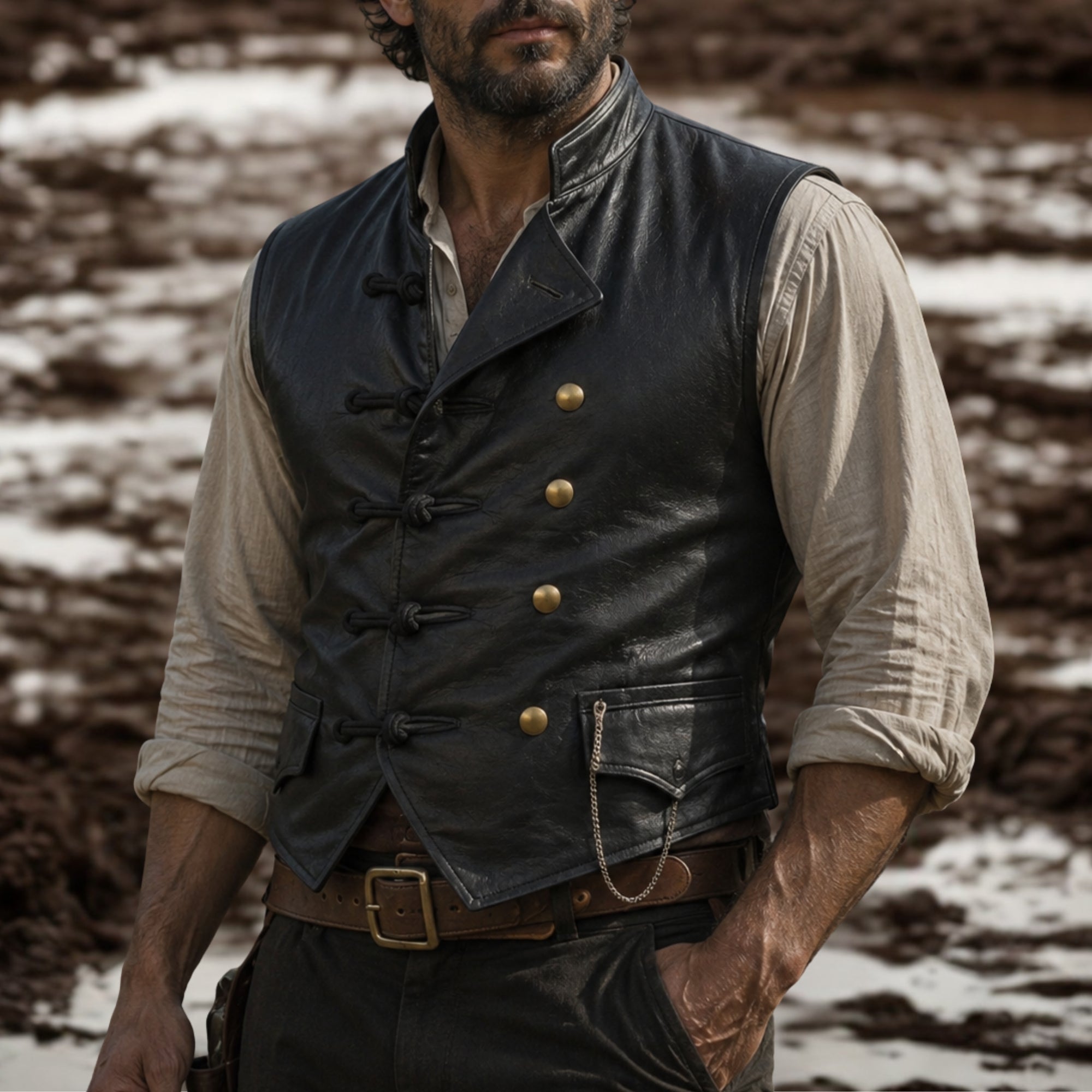 Men's Vintage Brown Leather Vest | Pirate Toggle Waistcoat | Treven Leather