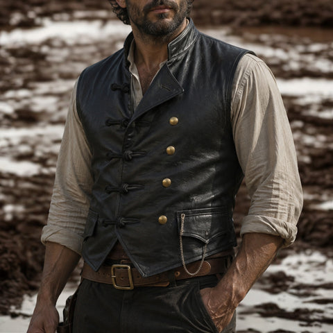 Men's Vintage Brown Leather Vest | Pirate Toggle Waistcoat | Treven Leather