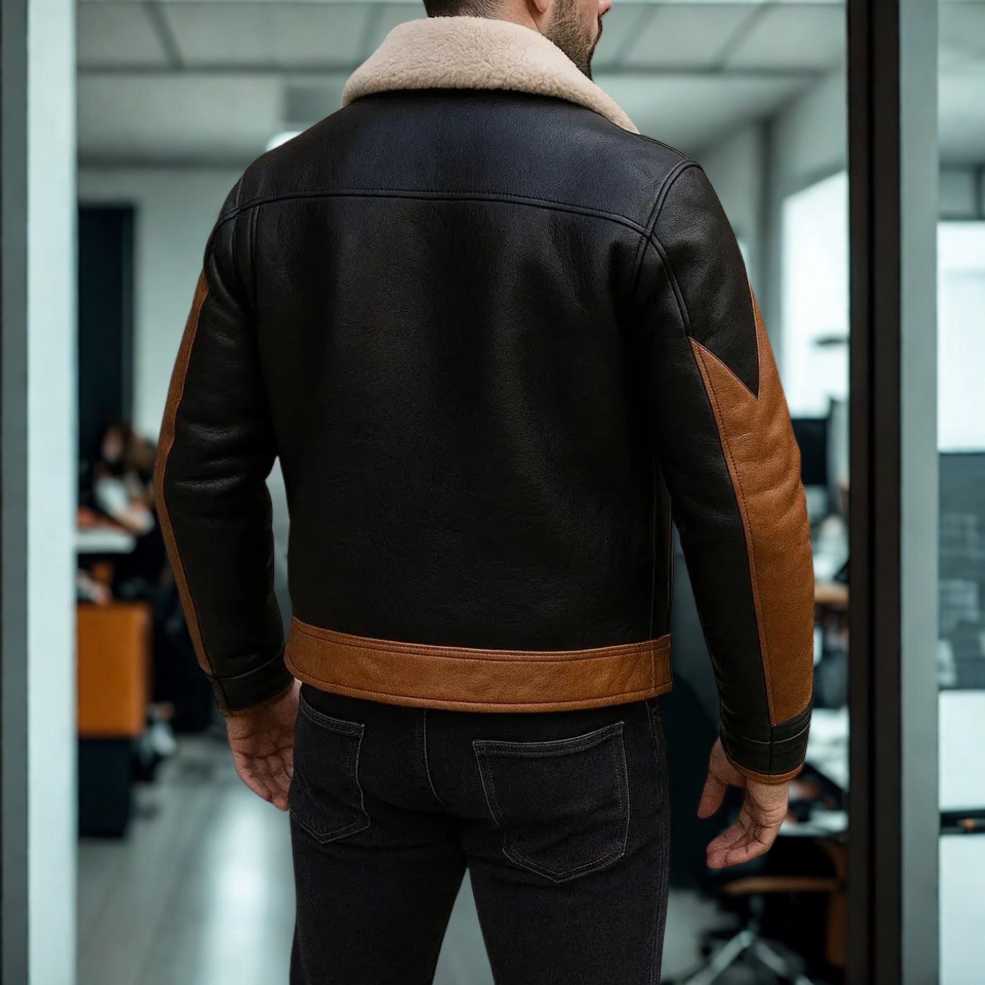 Men's Black & Tan Old Money Aviator Jacket - Shearling Collar Leather Bomber