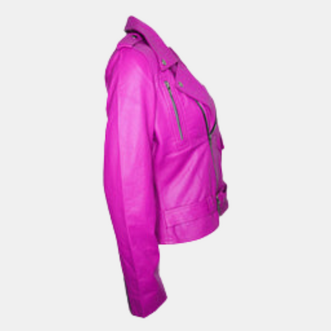 Womens Classy Belted Hot Pink Leather Jacket