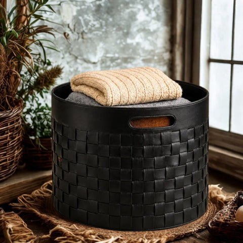 Black Woven Leather Storage Basket - 4 Sizes | Blanket Hamper