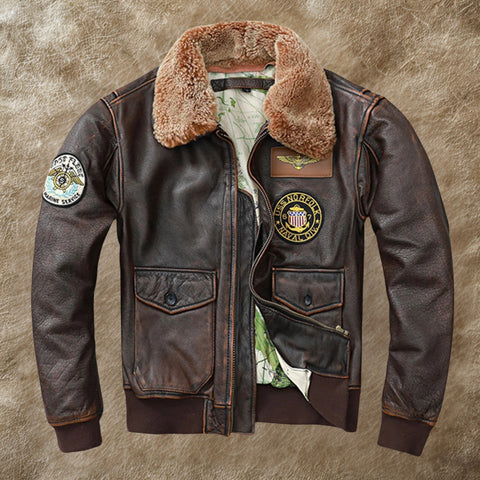 Men's Brown G-1 Top Gun Aviator Bomber Jacket - Shearling Leather Flight Jacket with Patches