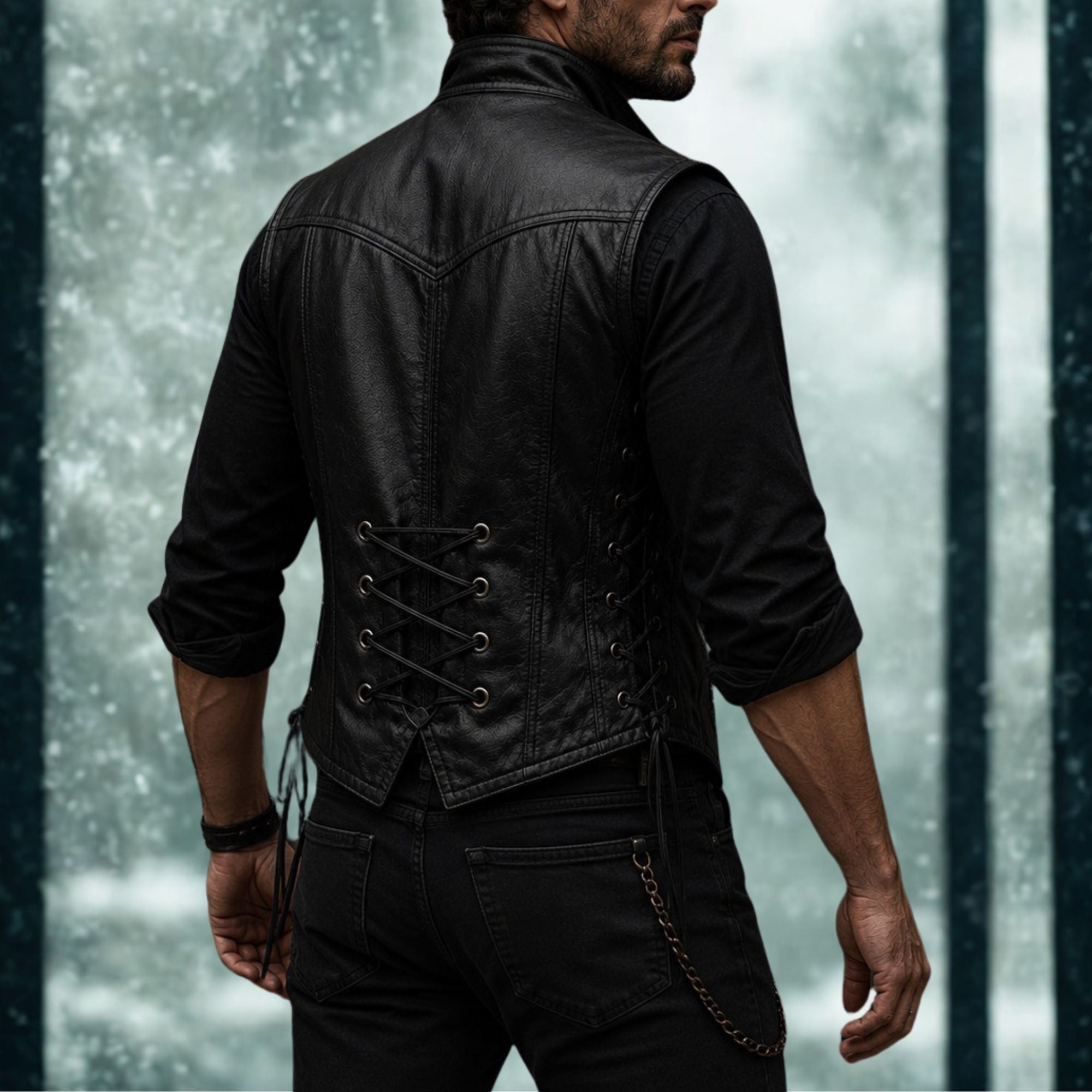 Men's Black Leather Vest Vintage Military - Pirate Double Button Waistcoat