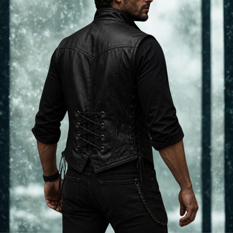 Men's Black Leather Vest Vintage Military - Pirate Double Button Waistcoat