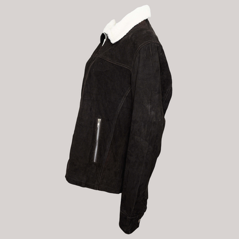 Black Shearling Suede Bomber Jacket