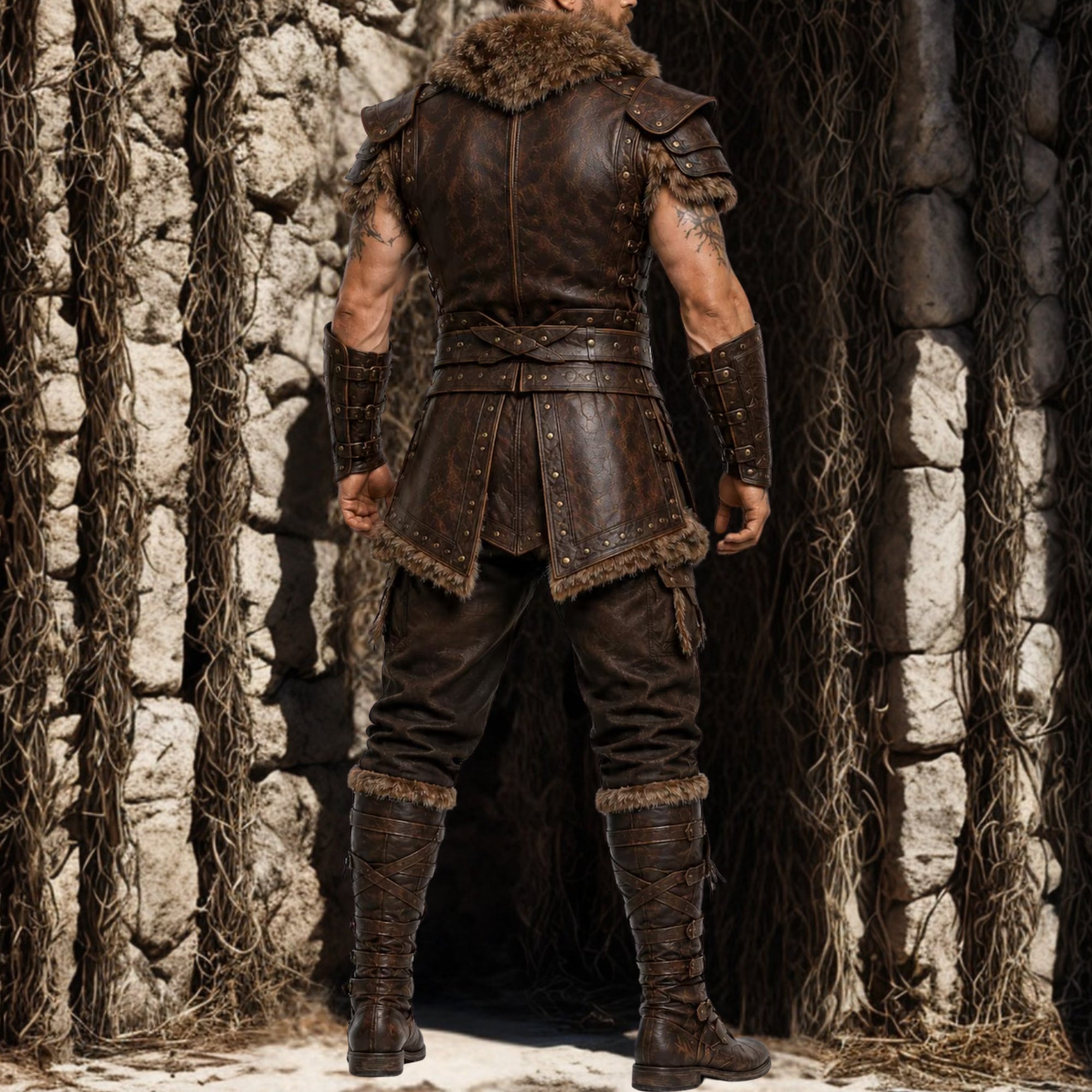Men's Brown Viking Leather Vest - Barbarian Warrior Armor Waistcoat with Fur