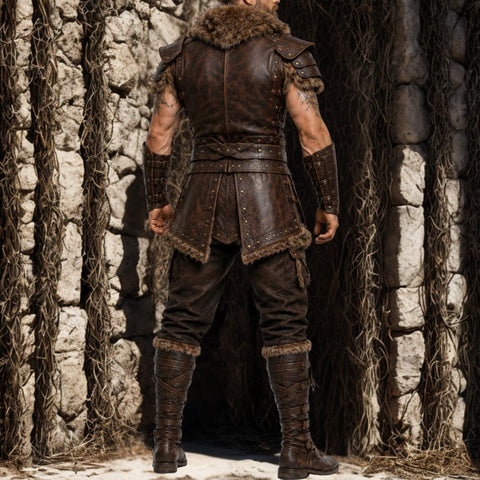 Men's Brown Viking Leather Vest - Barbarian Warrior Armor Waistcoat with Fur