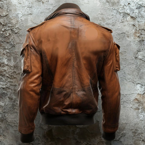Men's Brown Vintage Distressed Leather Bomber Jacket - Aviator Flight Utility Jacket