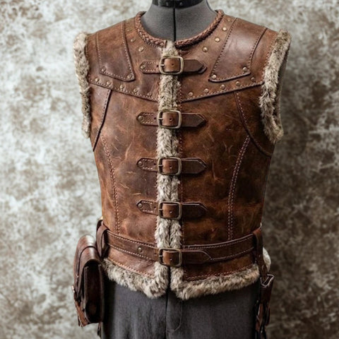 Men's Viking Leather Vest Brown | Barbarian Fur Vest | Treven Leather