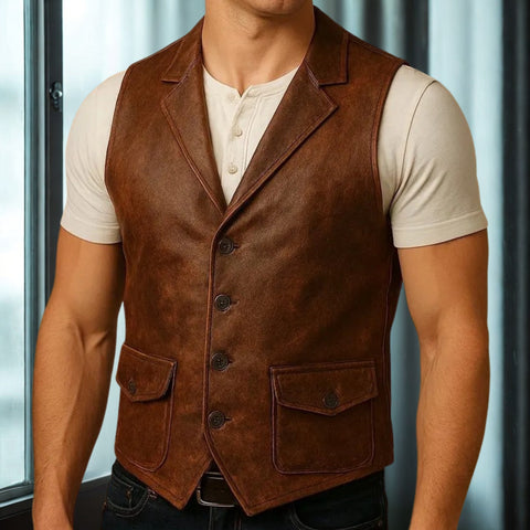 Men's Black Formal Leather Vest | Vintage Lapel Waistcoat | Treven