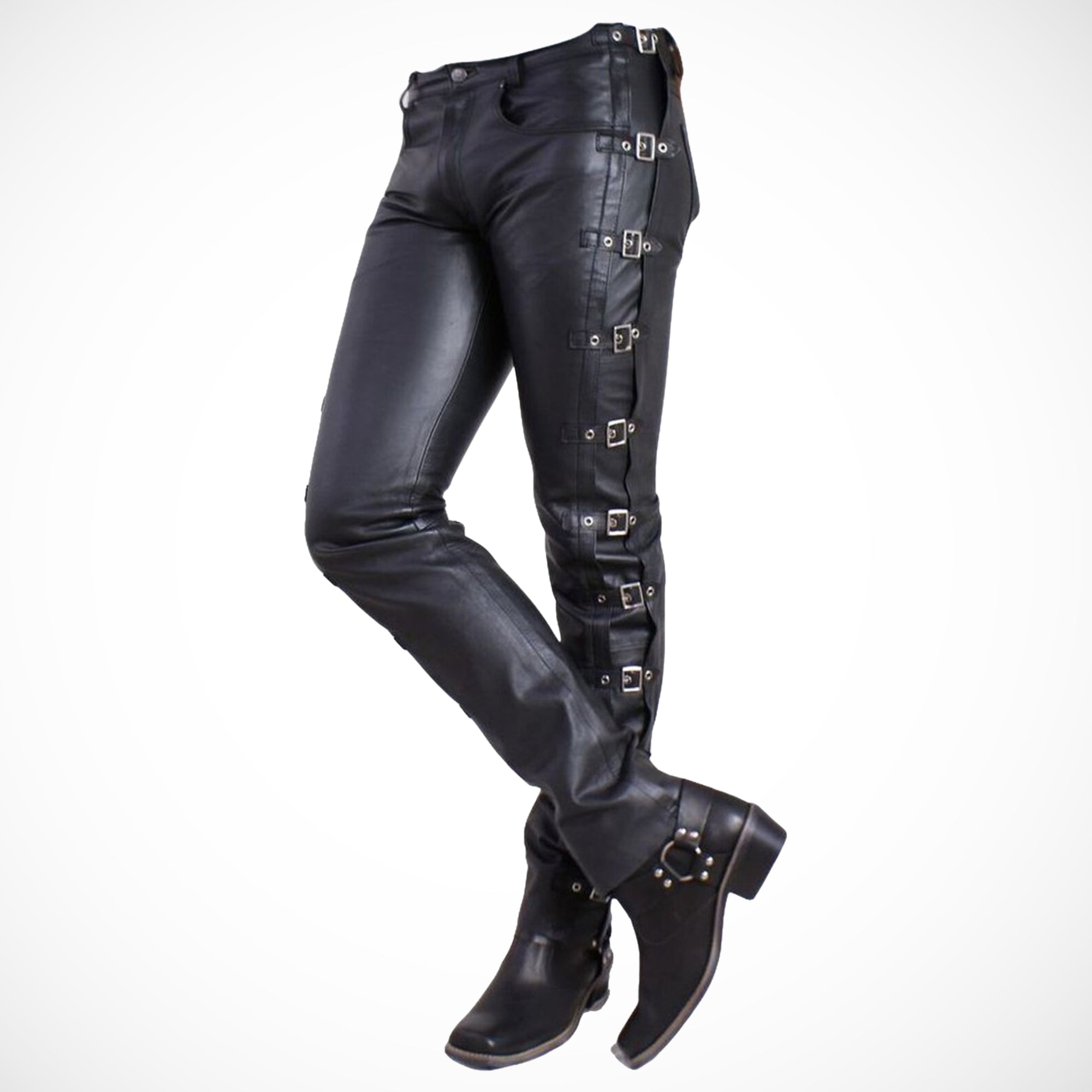 Men's Black Buckle Leather Pants - Gothic Biker Leather Trousers
