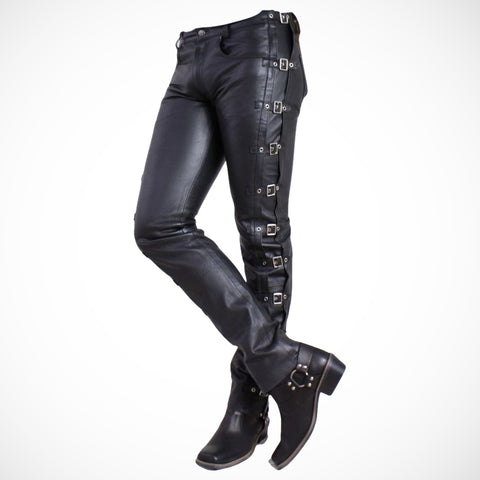 Men's Black Buckle Leather Pants - Gothic Biker Leather Trousers