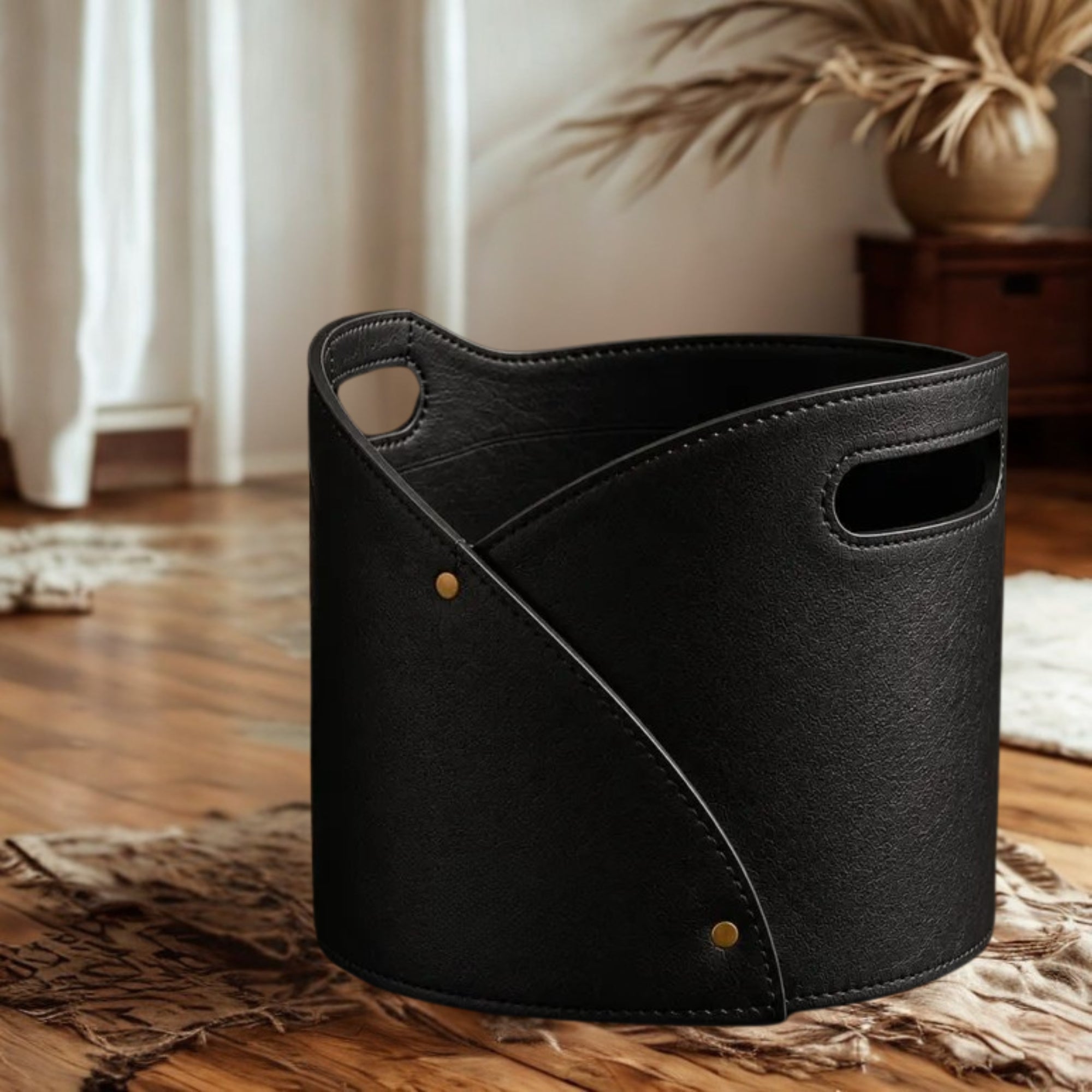 Genuine Leather Blanket Storage Basket – Large Leather Organizer, Rustic Home Decor, Throw Blanket & Pillow Basket