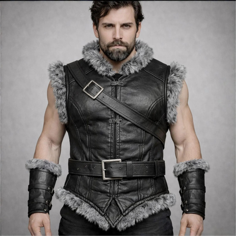 Men’s Black Genuine Leather Fur-Trimmed Warrior Vest