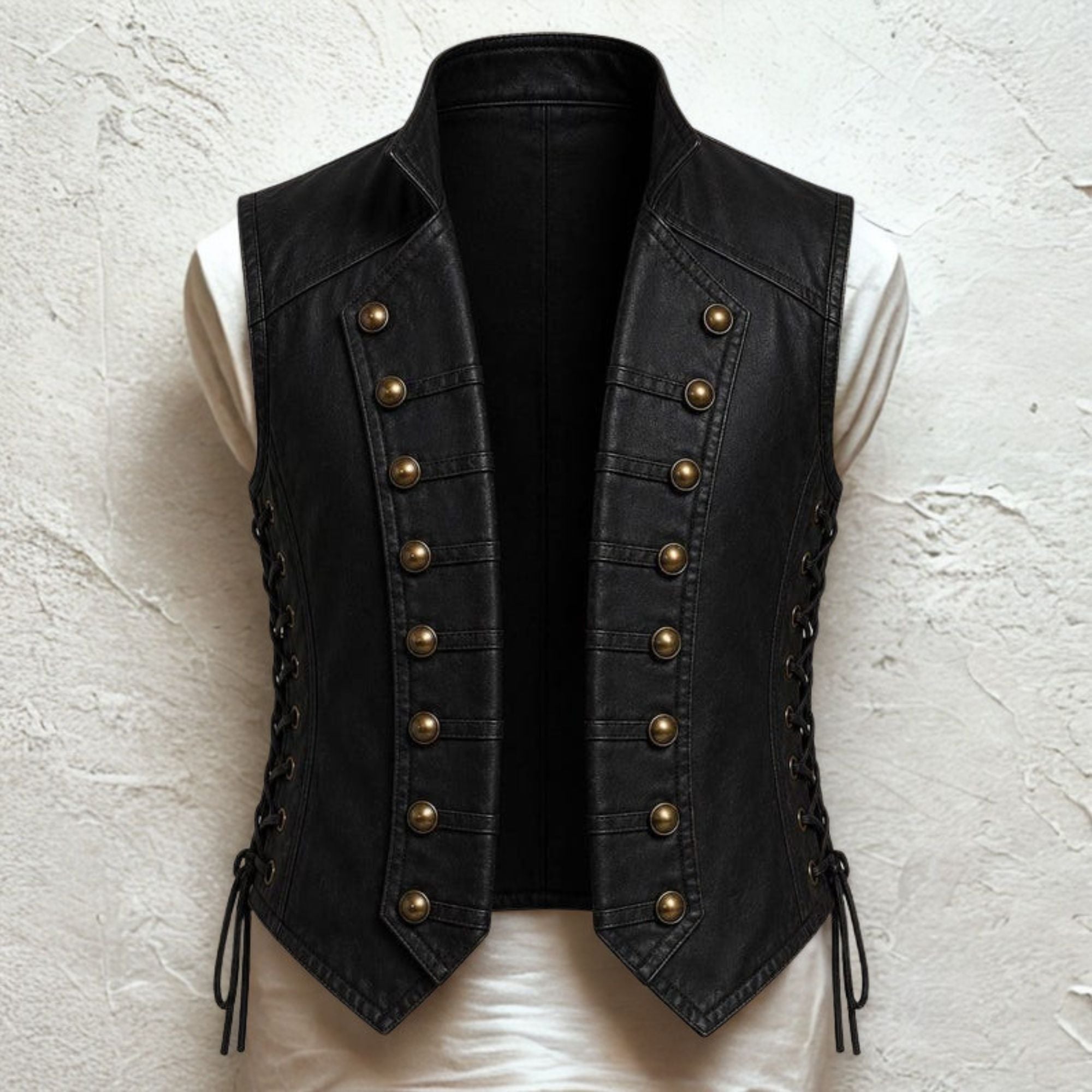 Men's Black Leather Vest Vintage Military - Pirate Double Button Waistcoat