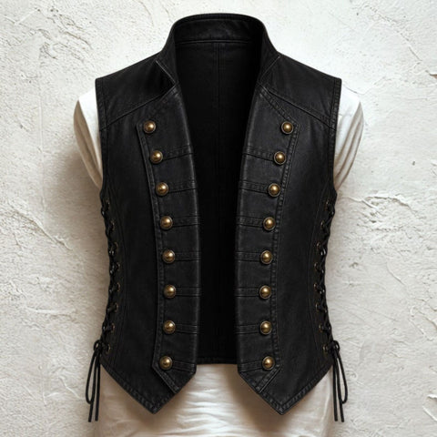 Men's Black Leather Vest Vintage Military - Pirate Double Button Waistcoat