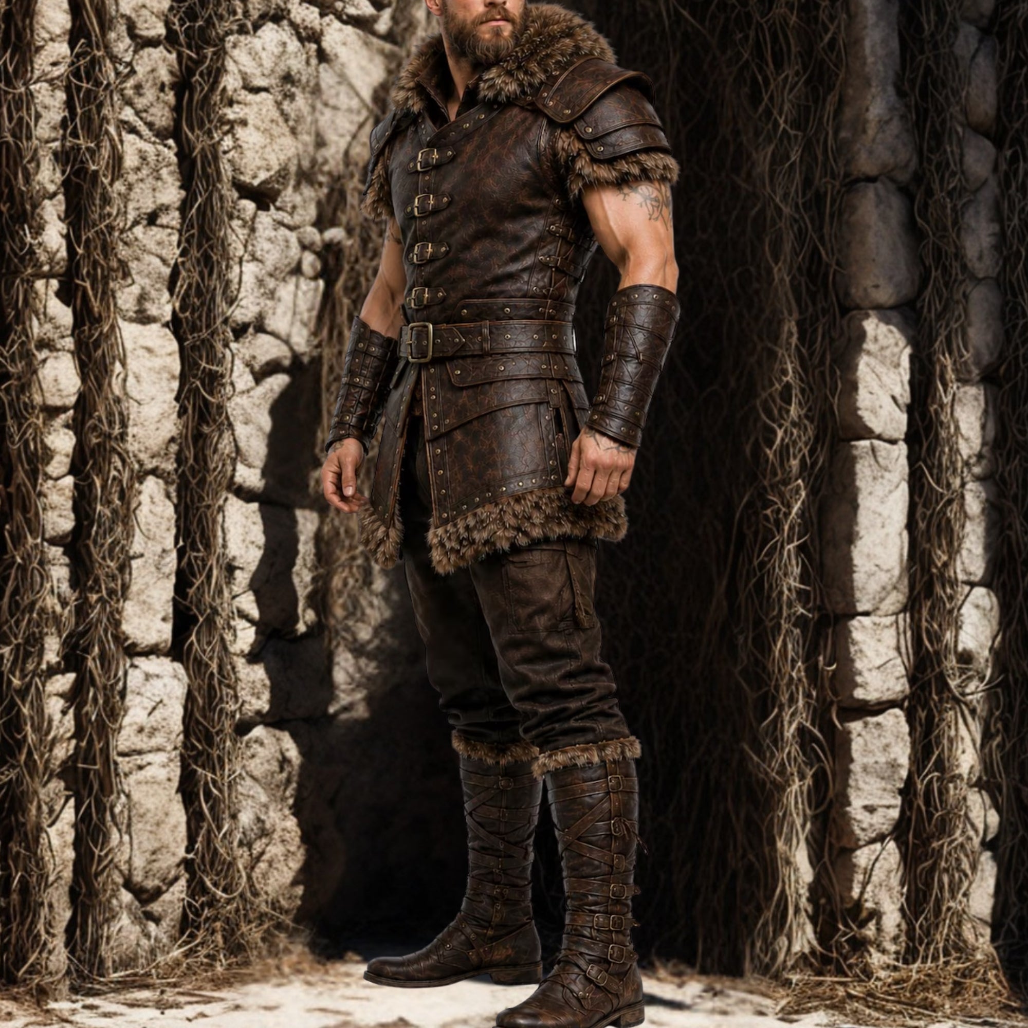 Men's Brown Viking Leather Vest - Barbarian Warrior Armor Waistcoat with Fur