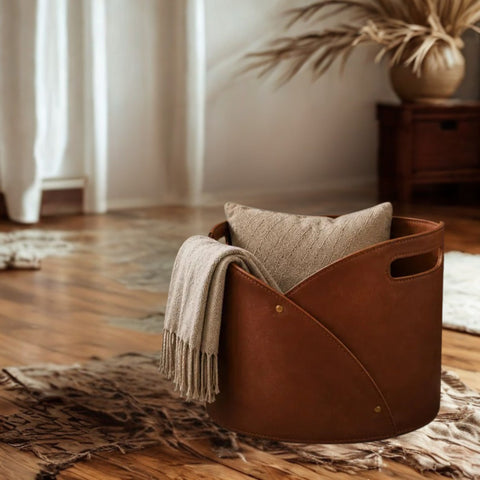 Genuine Leather Blanket Storage Basket – Large Leather Organizer, Rustic Home Decor, Throw Blanket & Pillow Basket