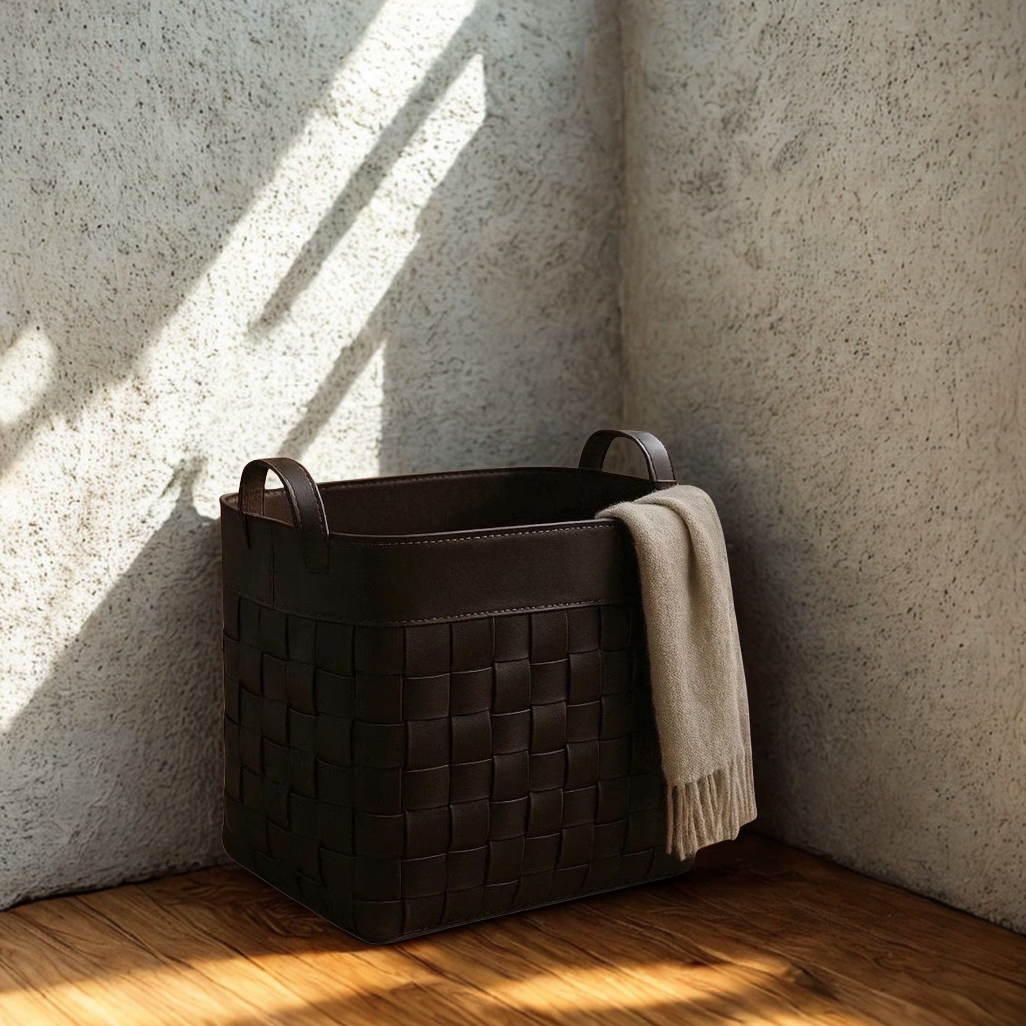 Woven Leather Storage Basket with Handles – Large Blanket Basket, Home Organizer & Rustic Decor