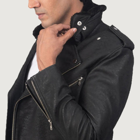 Furton Distressed Black Leather Biker Jacket