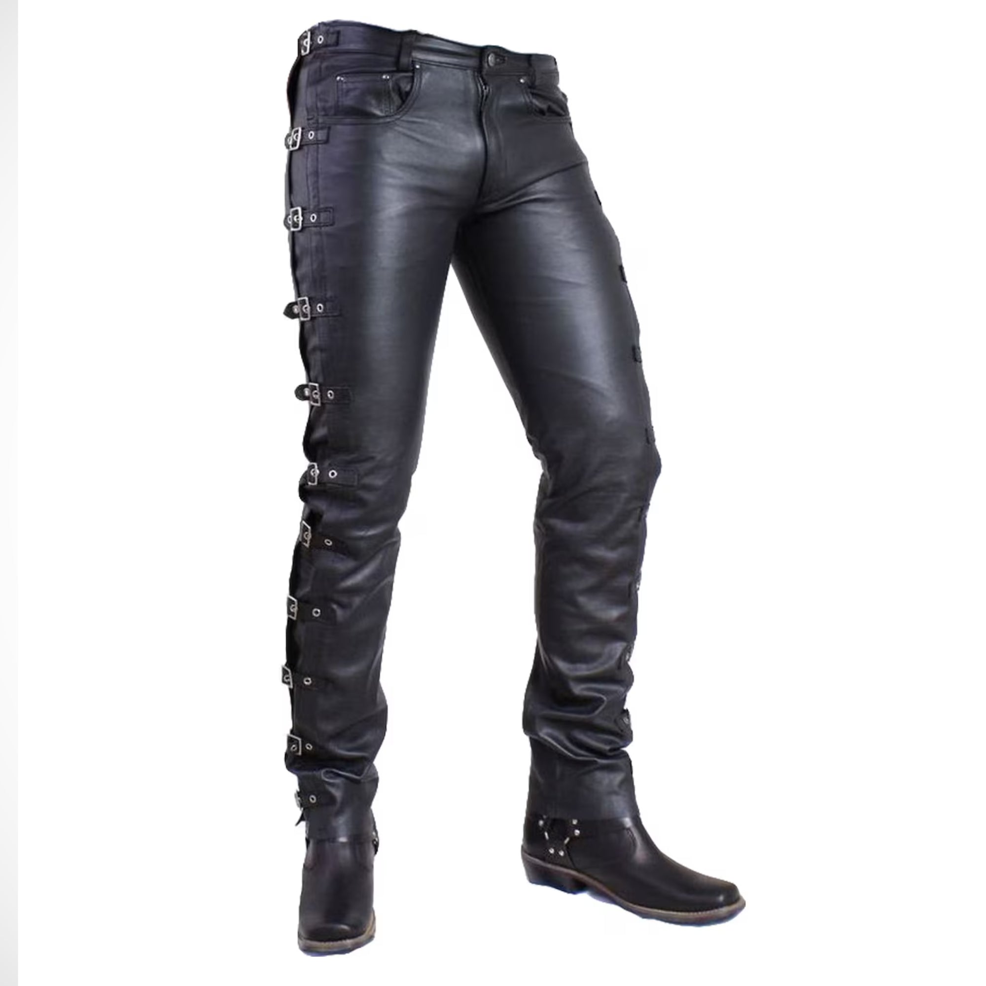 Men's Black Buckle Leather Pants - Gothic Biker Leather Trousers